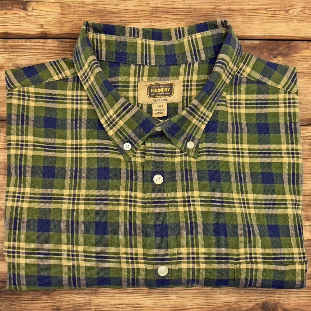 The Foundry Easy Care Green Plaid Button Down Oxford Shirt